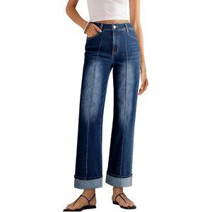 Women's Wide Leg Cuffed Jeans High Waisted Baggy Stretchy Denim Pants